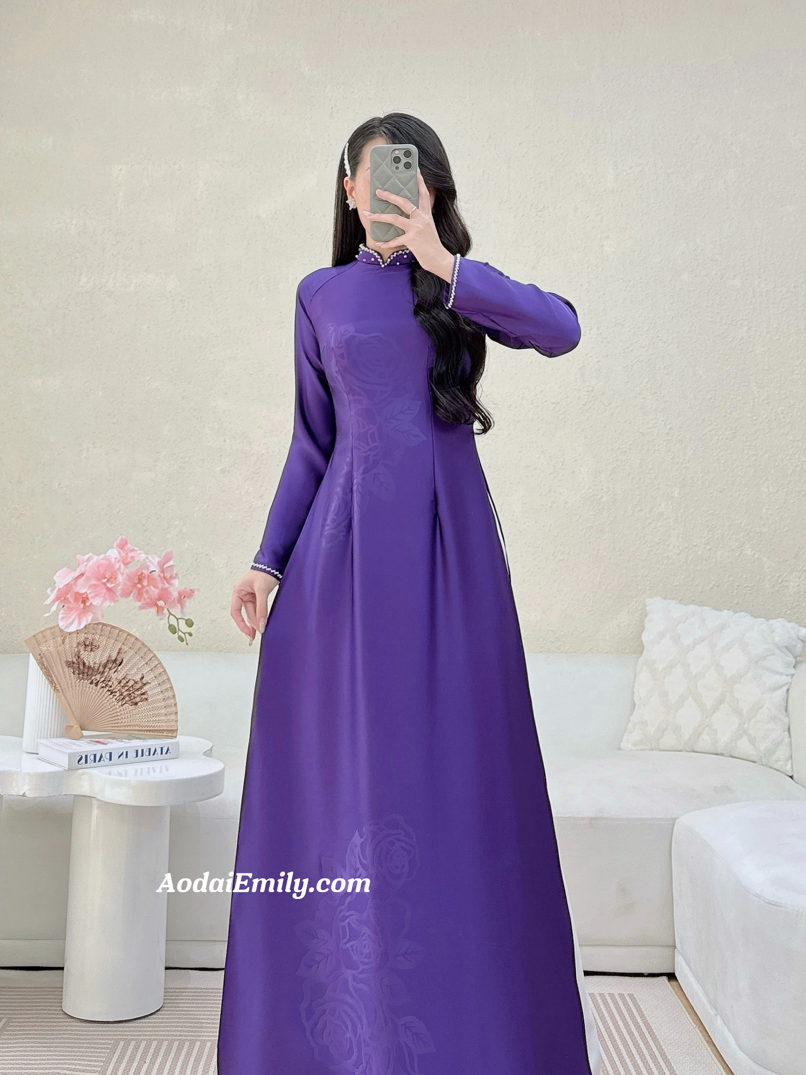 Purple ao dai with simple crystals collar
