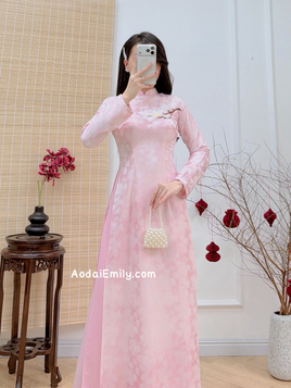 Cotton candy Pink Ao Dai Gấm set with embroidery