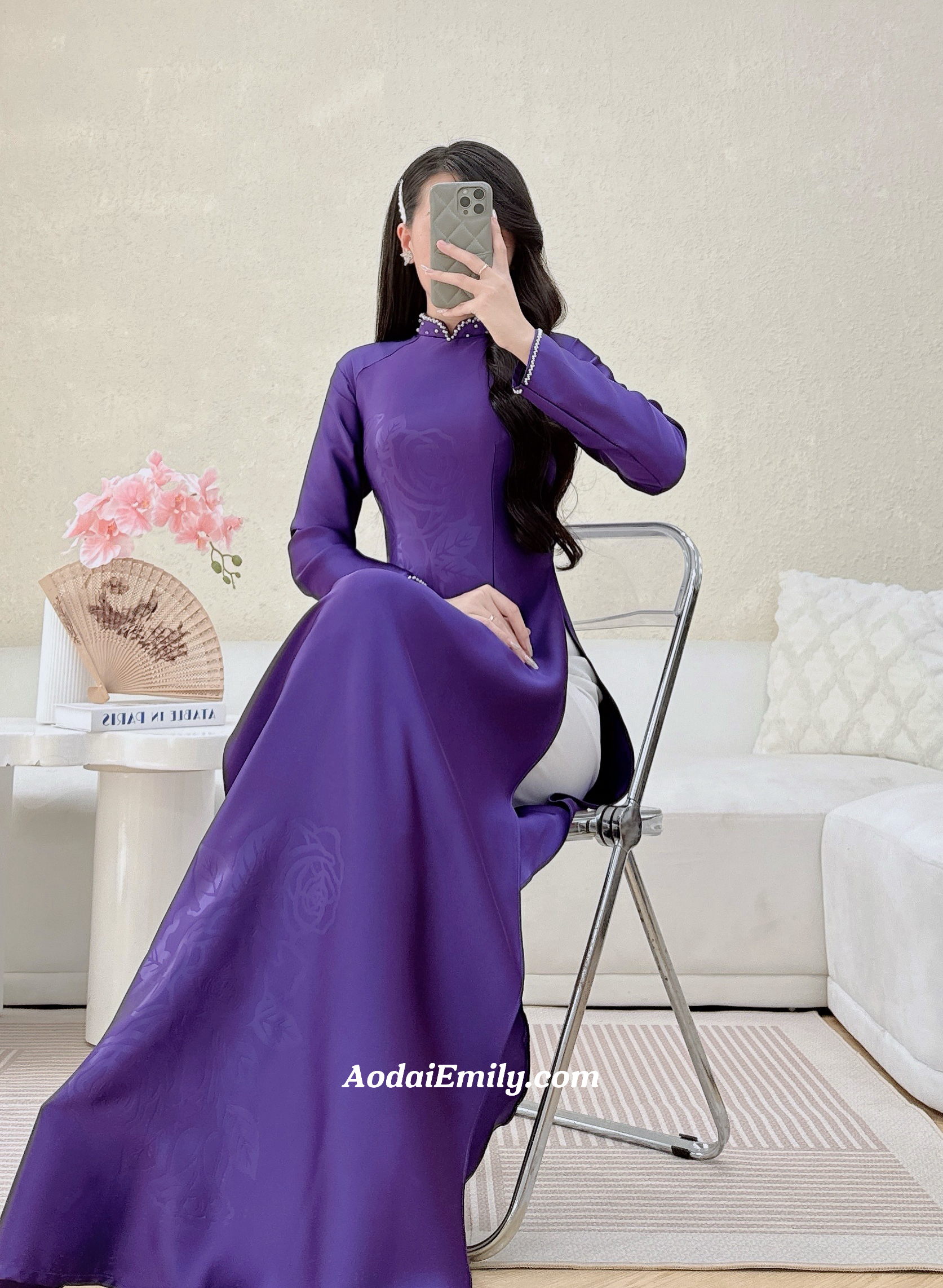 Purple ao dai with simple crystals collar