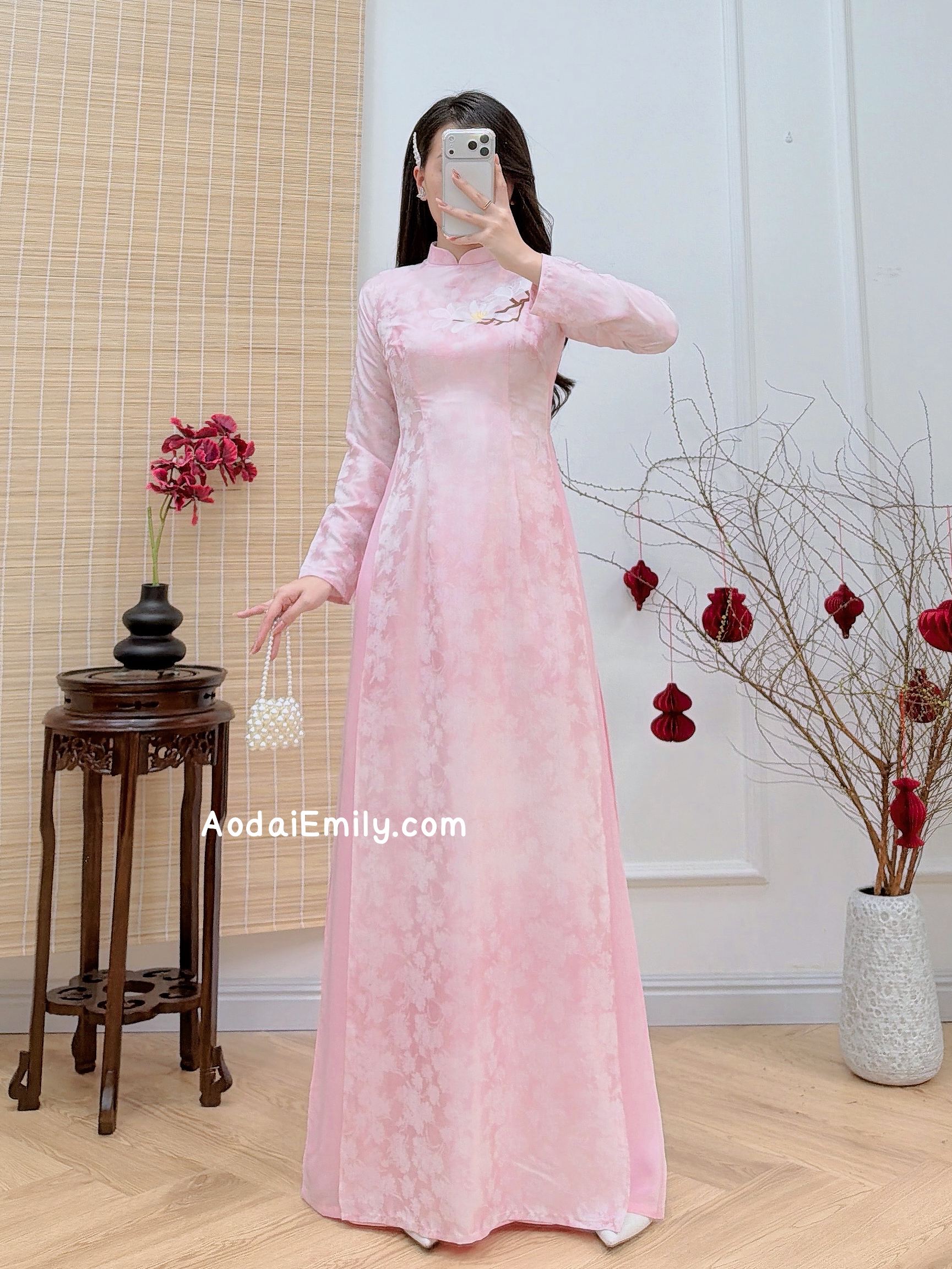 Cotton candy Pink Ao Dai Gấm set with embroidery