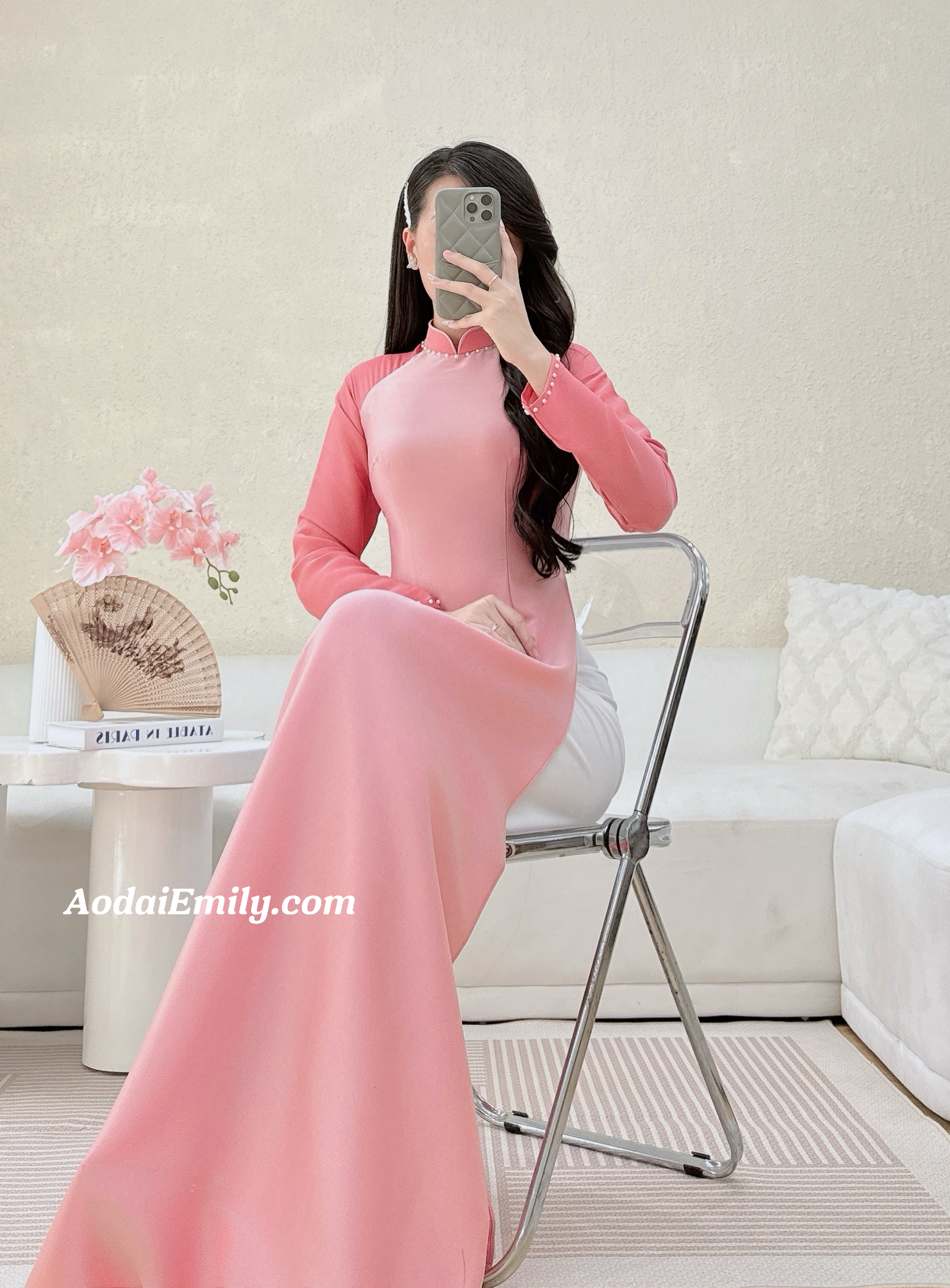 Mauve pink ao dai with simple pearls designs