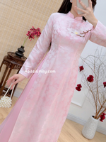 Cotton candy Pink Ao Dai Gấm set with embroidery