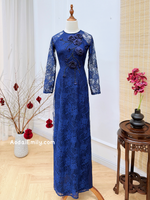 SWEET PEA Dark Blue Lace and silk áo dài with 3D flowers and crystals