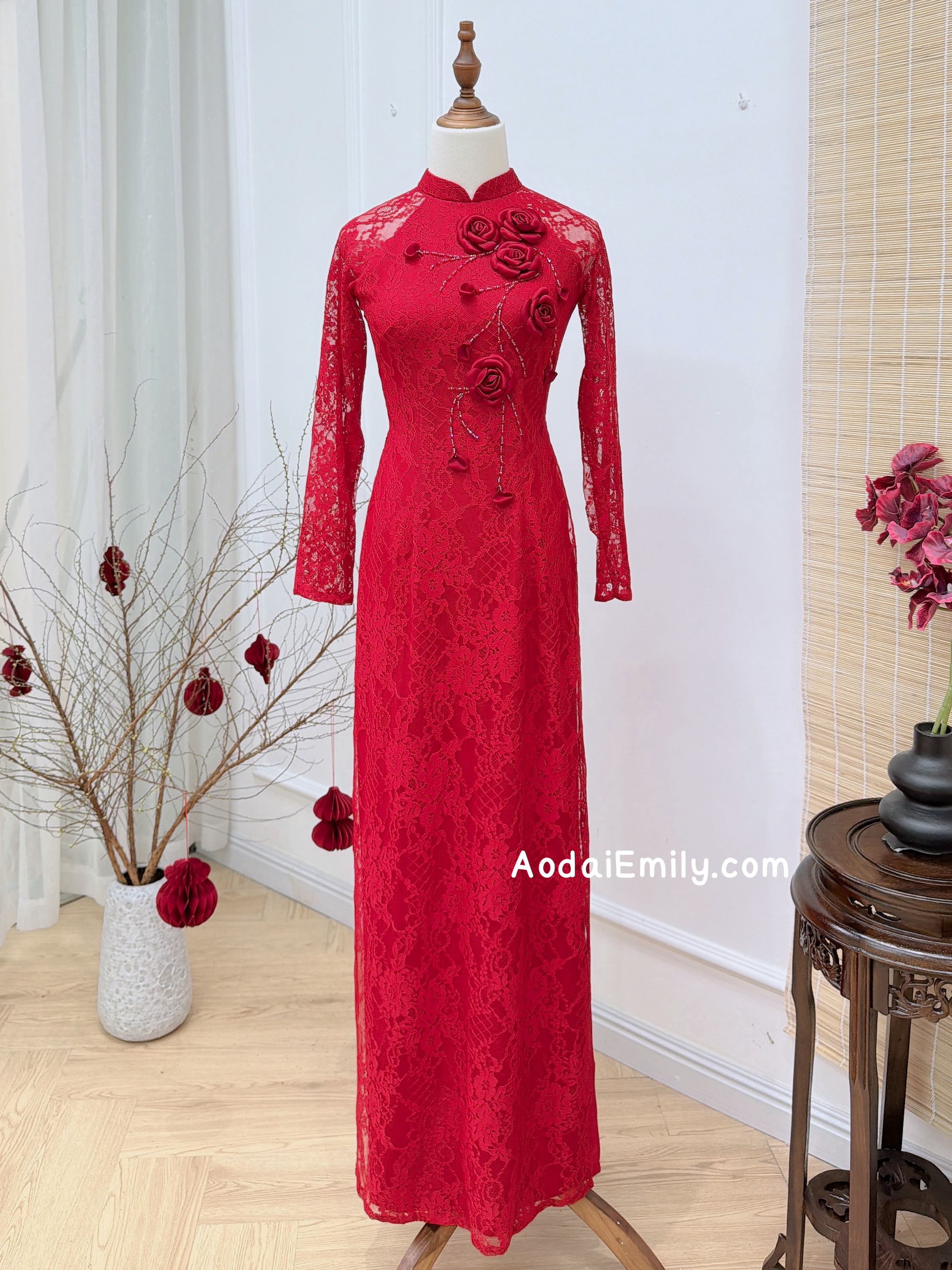 LILY OF THE VALEY  Red Lace and silk áo dài with 3D flowers