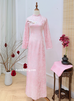 Cotton candy Pink Ao Dai Gấm set with embroidery