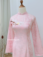 Cotton candy Pink Ao Dai Gấm set with embroidery