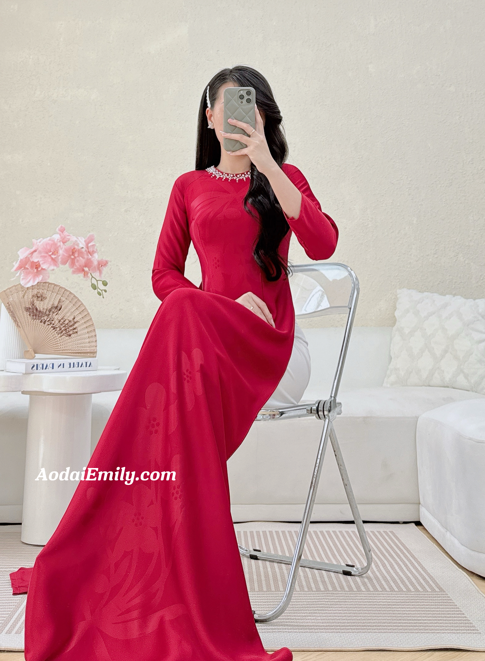 Burgundy ao dai with simple crystals
