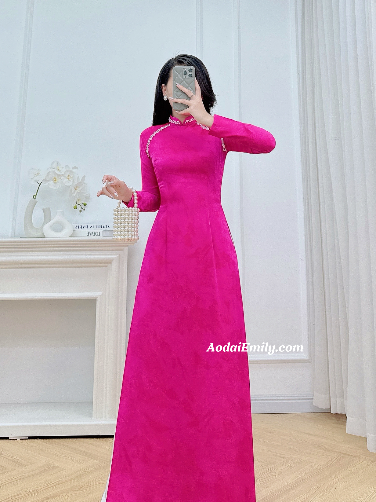 Hot pink hand beading designed collar ao dai