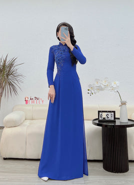 SKYLAR Blue ao dai with crystals, pearls and 3D flowers