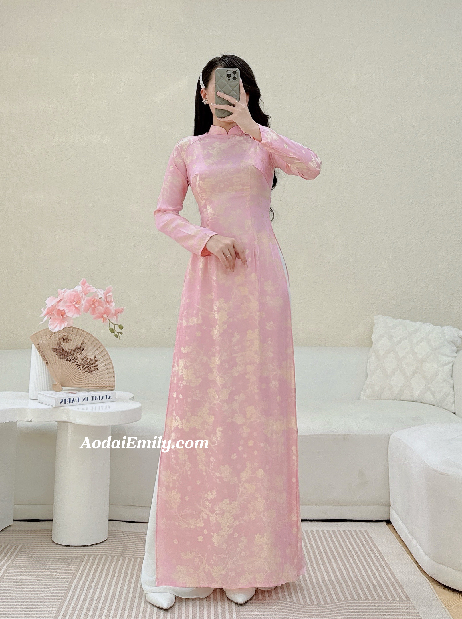 Ao dai Gam with Cherry Blossom Flowers with buttons