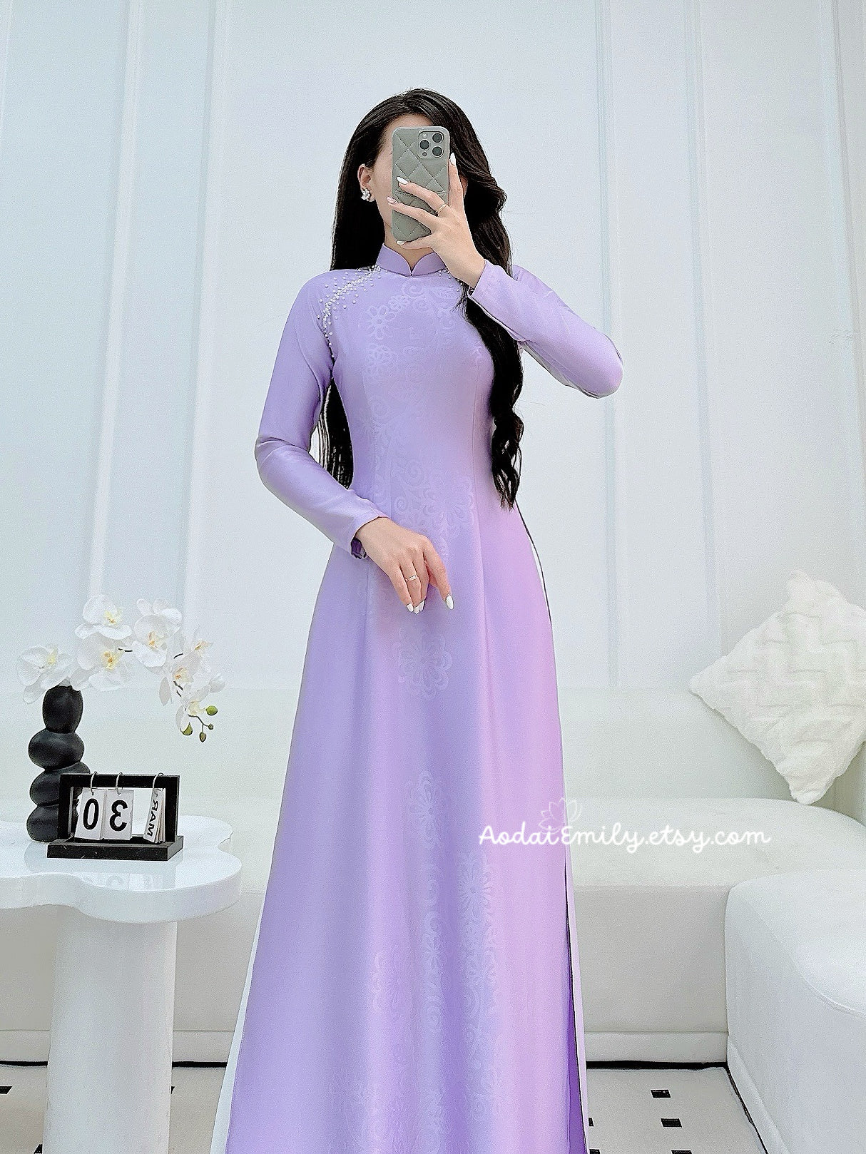 Purple ao dai with simple crystals rhinestones