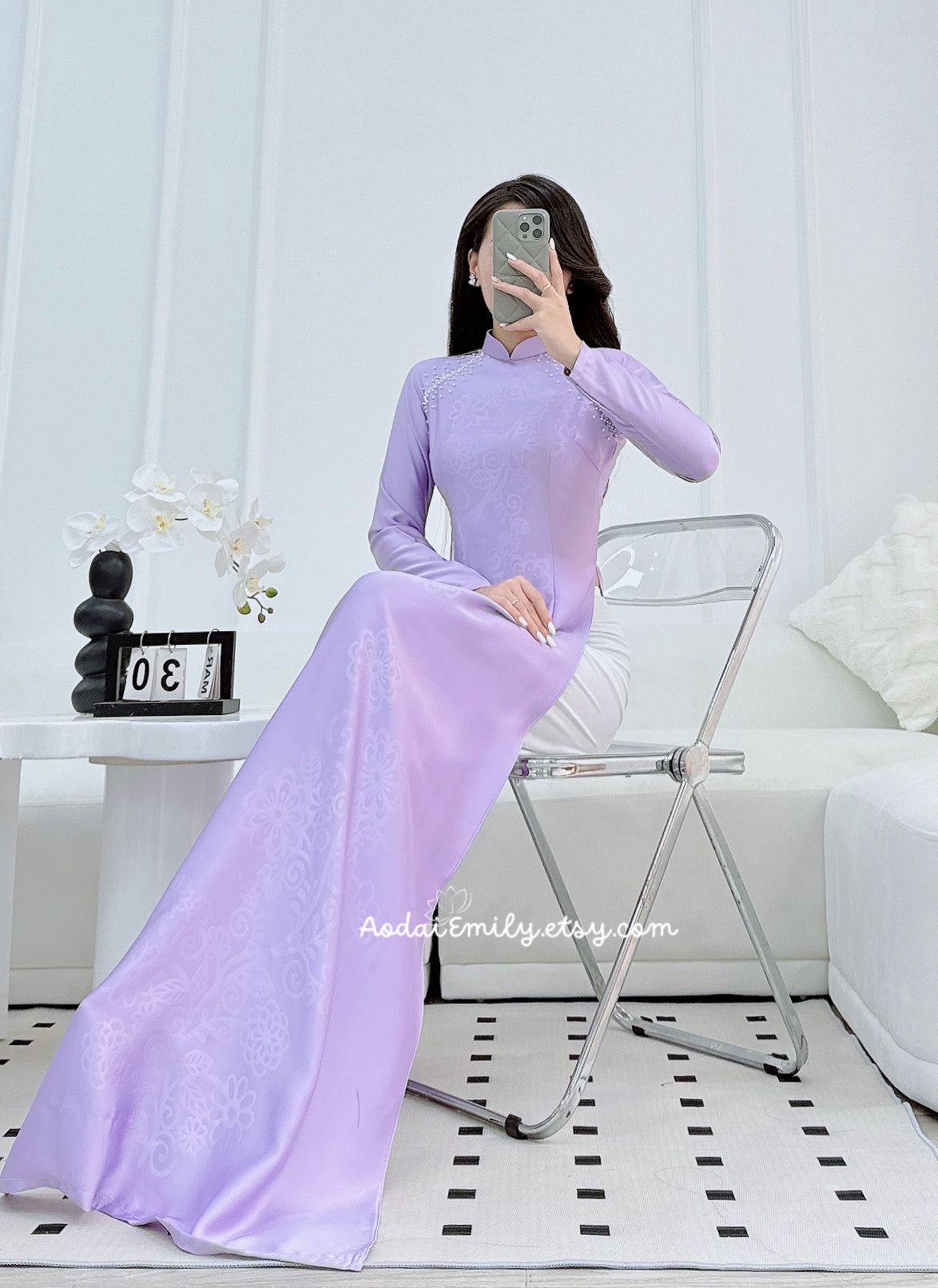 Purple ao dai with simple crystals rhinestones