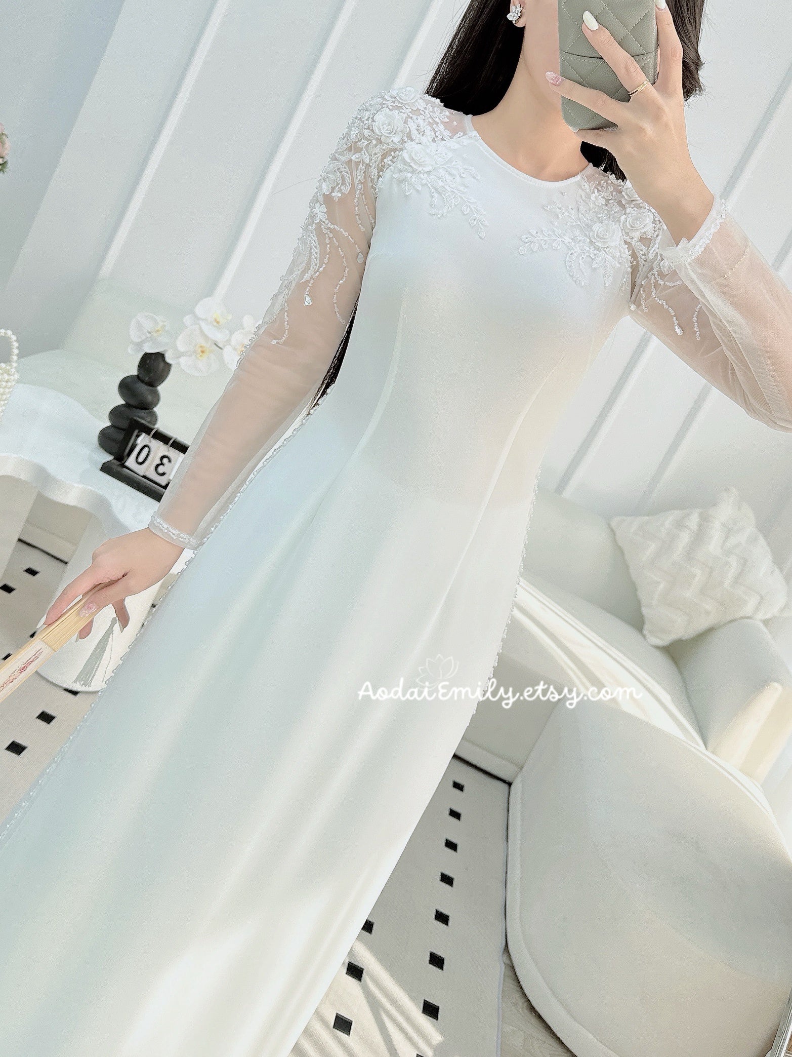 TAYLOR White Ao dai handed beading crystals, lace, 3D flowers