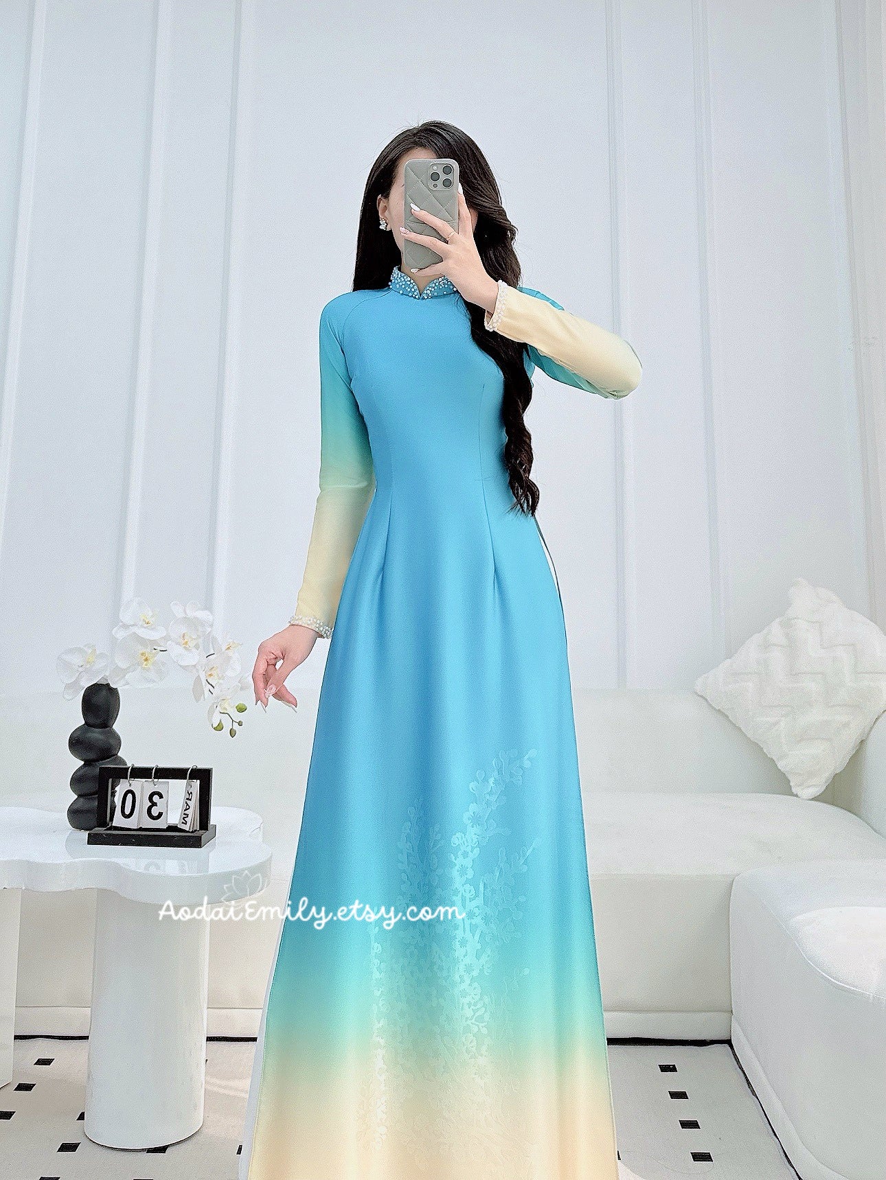 Ombre Blue/Cream ao dai with designed Crystals rhinestones