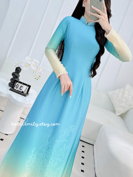 ROSALIA Ombre Blue/Cream ao dai with designed Crystals rhinestones