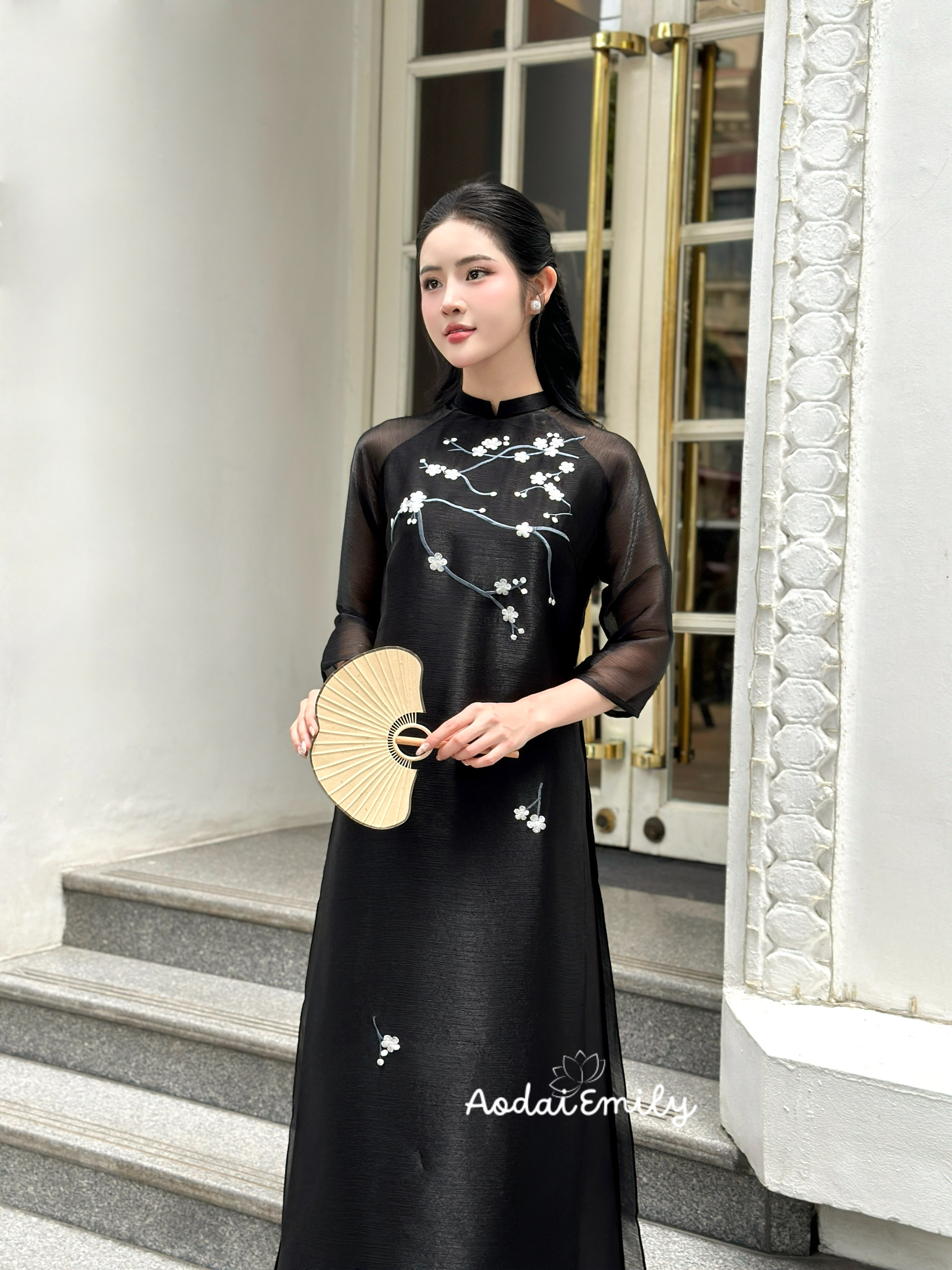 Black modern ao dai with embroidery flowers| Angel fishing rod