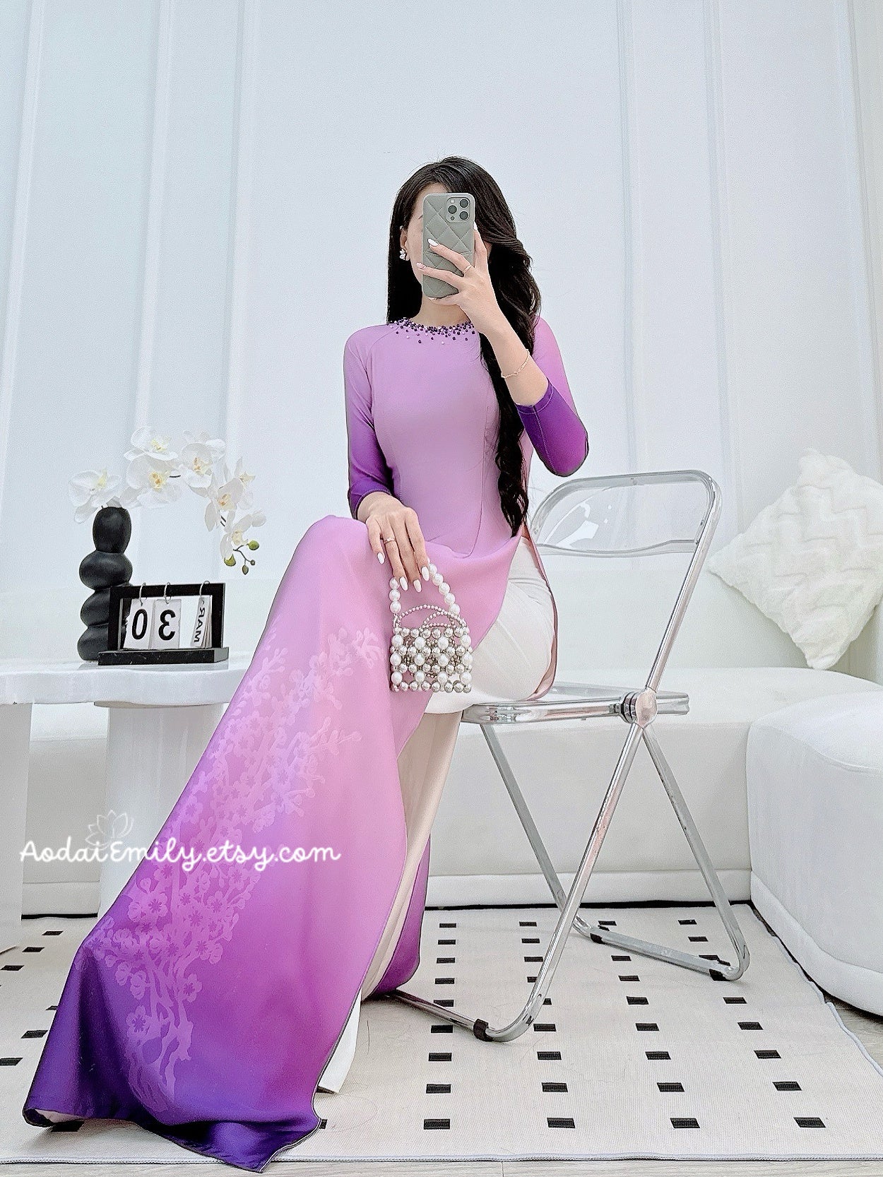 Ombre Purple ao dai with designed Crystals rhinestones