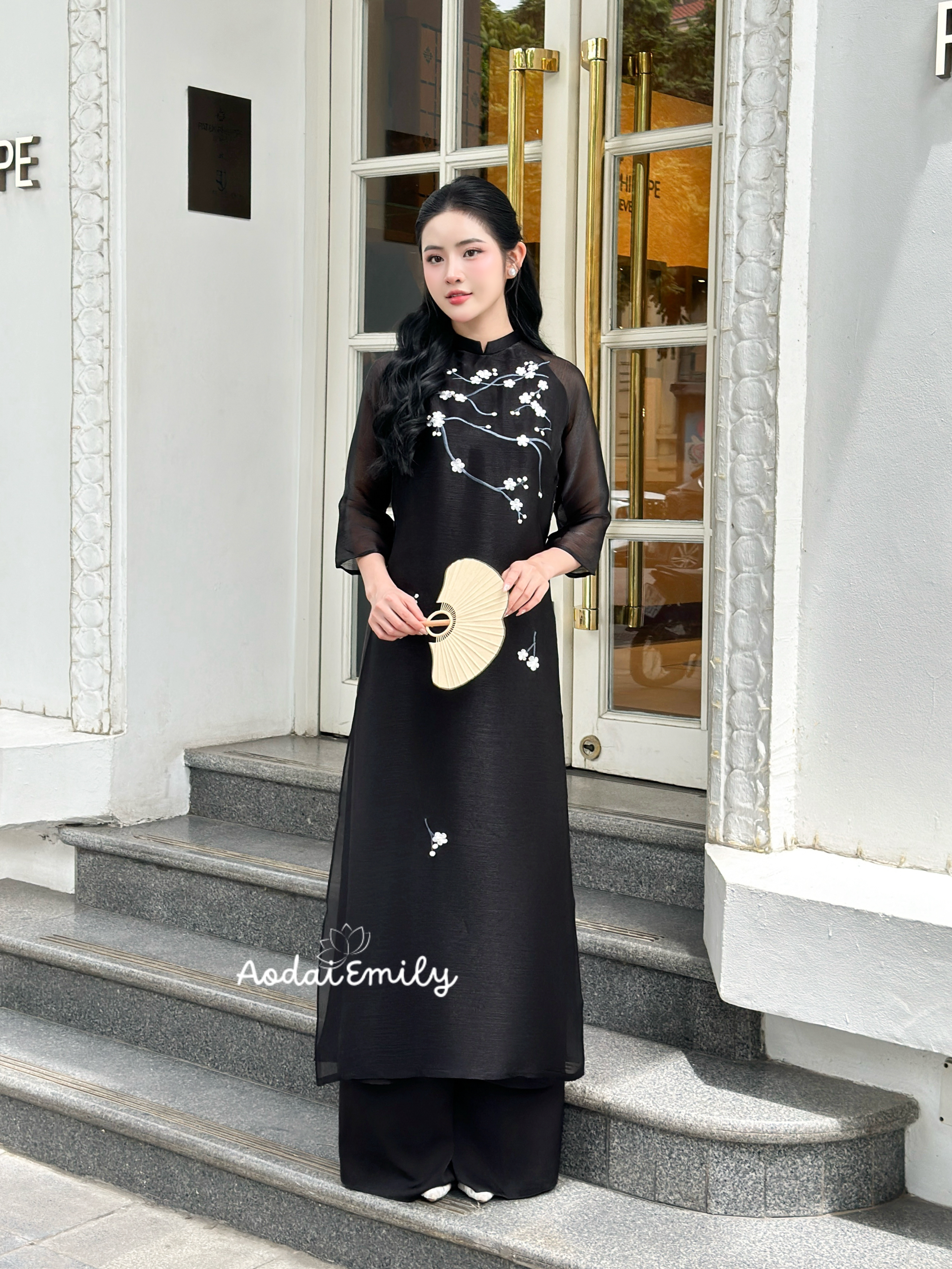 Black modern ao dai with embroidery flowers| Angel fishing rod