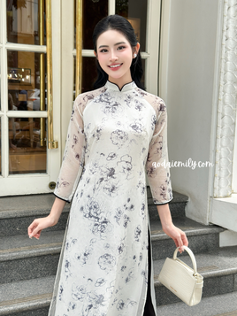 LAUREN Black/white printed flowers patterns modern ao dai set