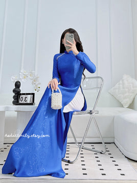 FRANKIE Sapphire Blue ao dai with simple crystals rhinestones