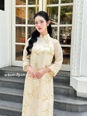 Cream/ Gold Spring flowers pattern modern ao dai set