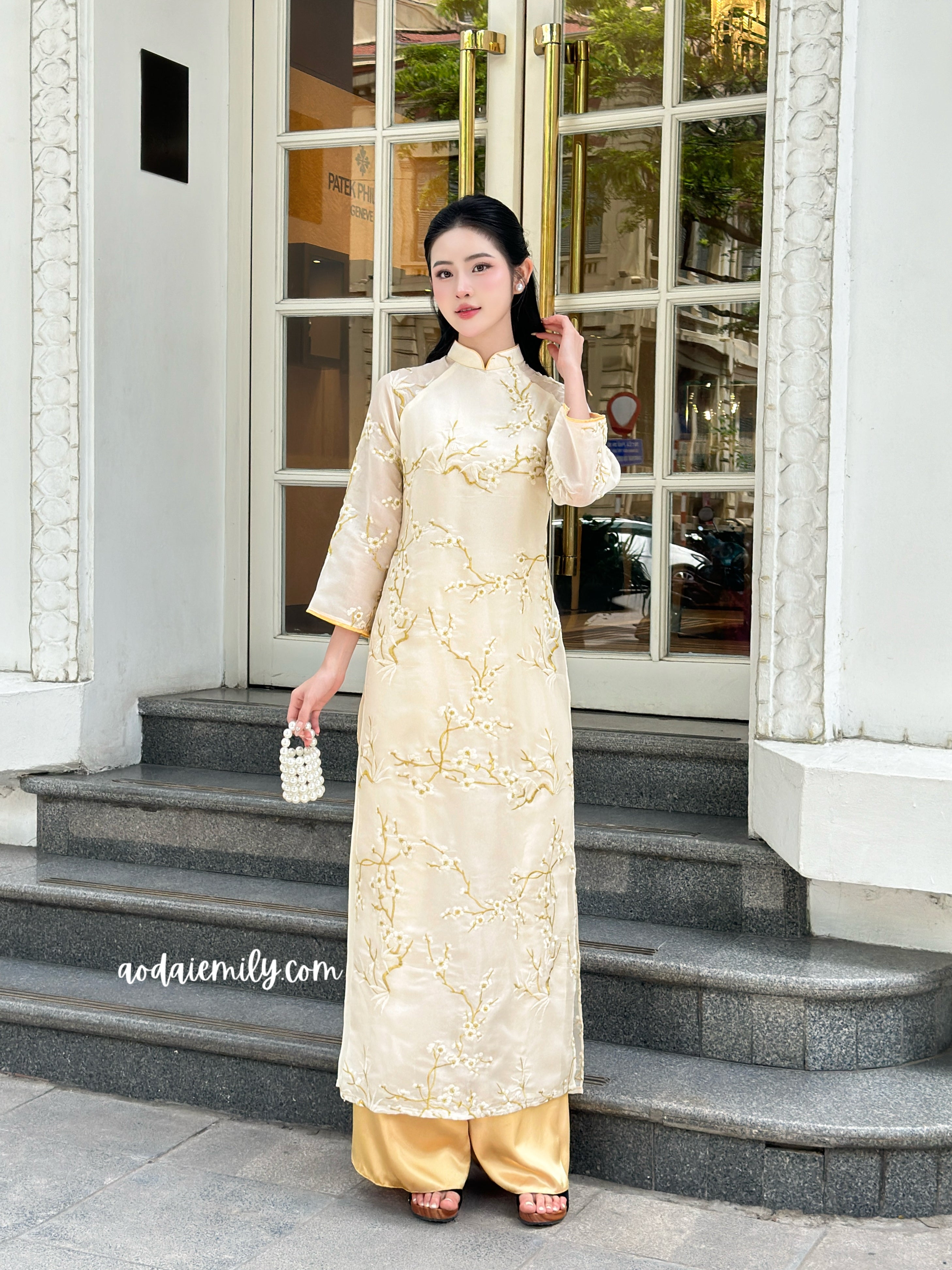 Cream/ Gold Spring flowers pattern modern ao dai set