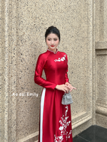 Lucky Red Traditional ao dai with embroidery and pearls| Consolida