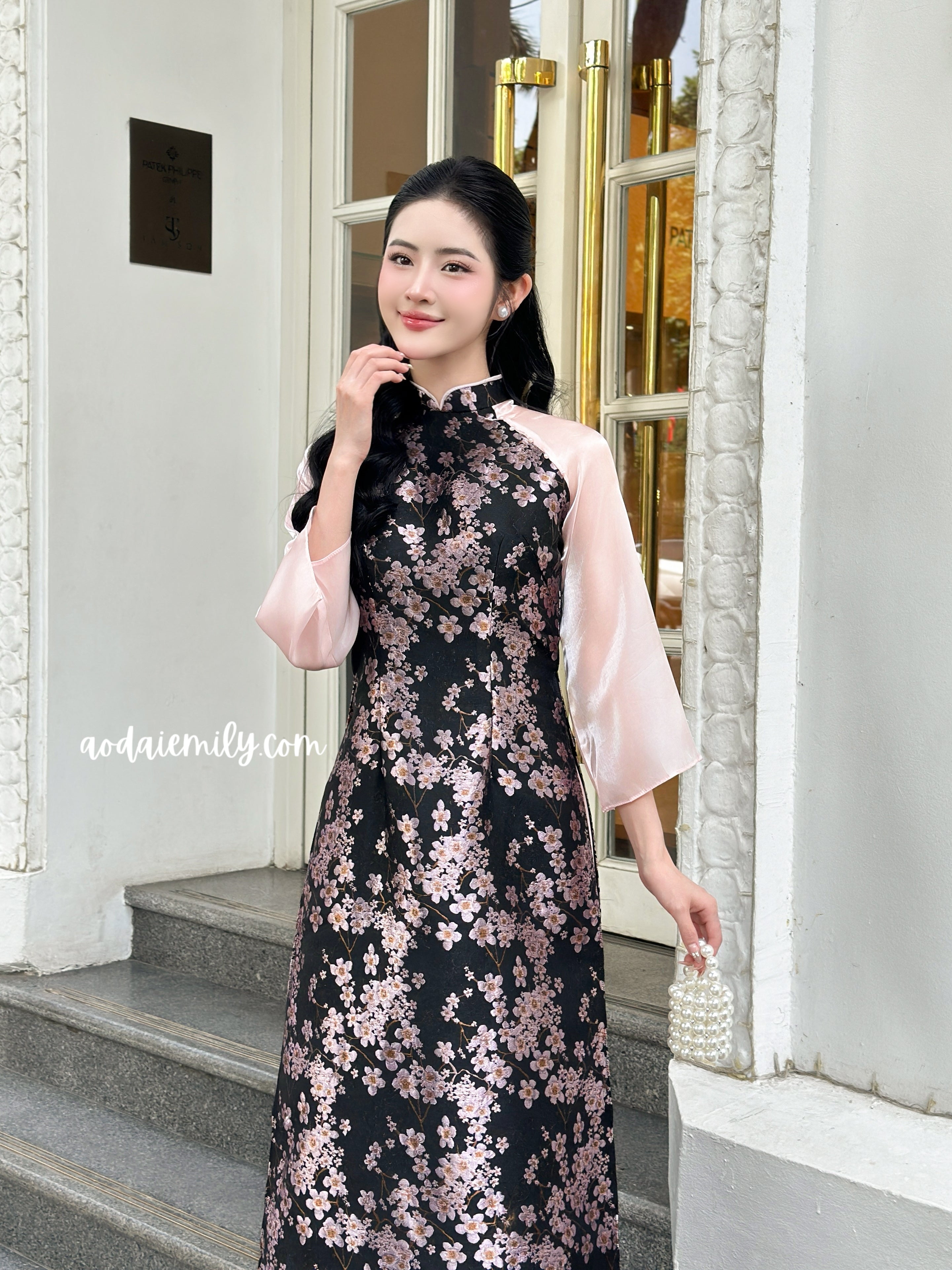 Taffeta Modern ao dai with Cherry blossom patterns