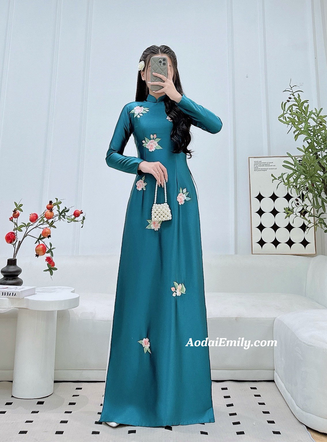Dark Blue embroidery ao dai | áo dài lụa thêu hoa