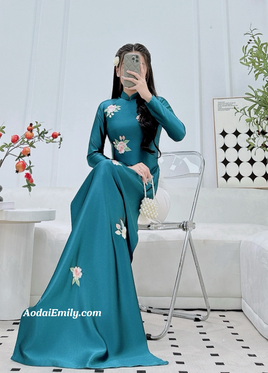 KATALINA Dark Blue embroidery ao dai | áo dài lụa thêu hoa