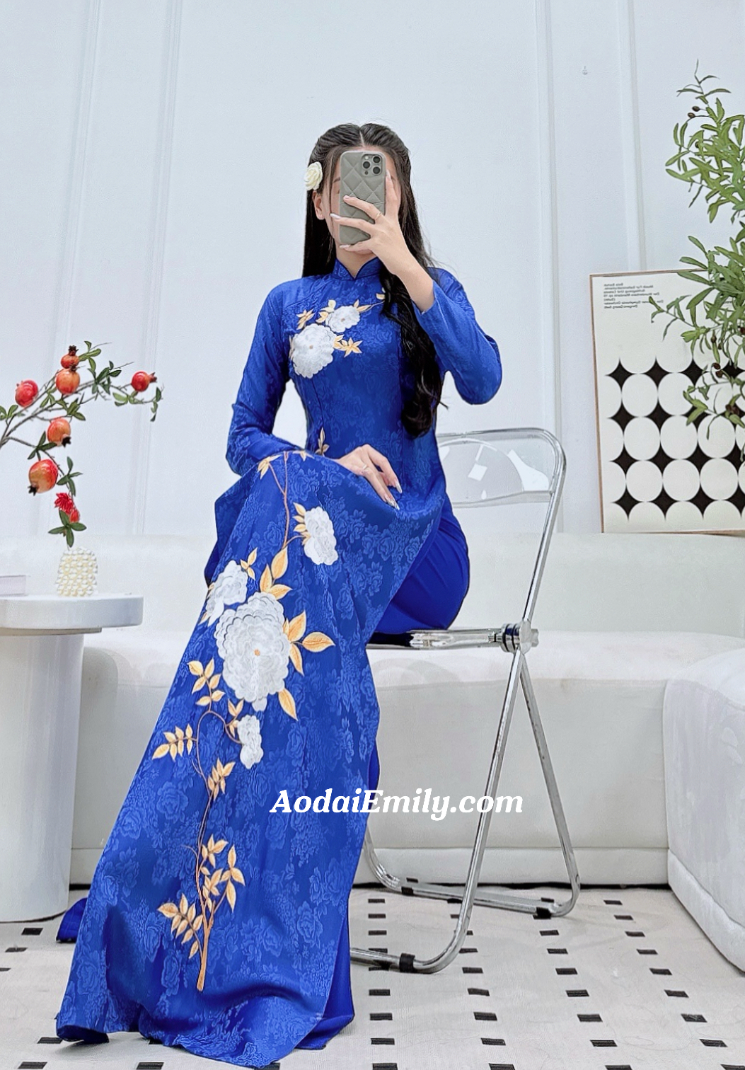 Blue Aó dài Gam with embroidery Flowers