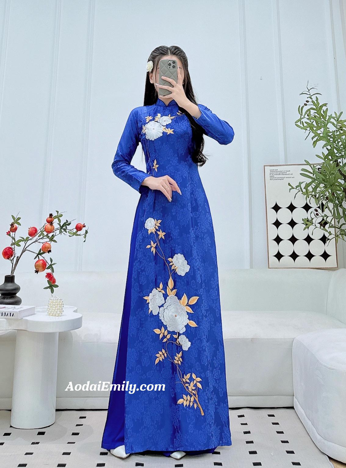 Blue Aó dài Gam with embroidery Flowers
