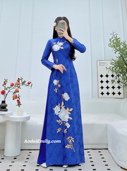 Blue Aó dài Gam with embroidery Flowers