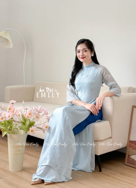 SABRINA Baby Blue modern ao dai set with embroidery flowers