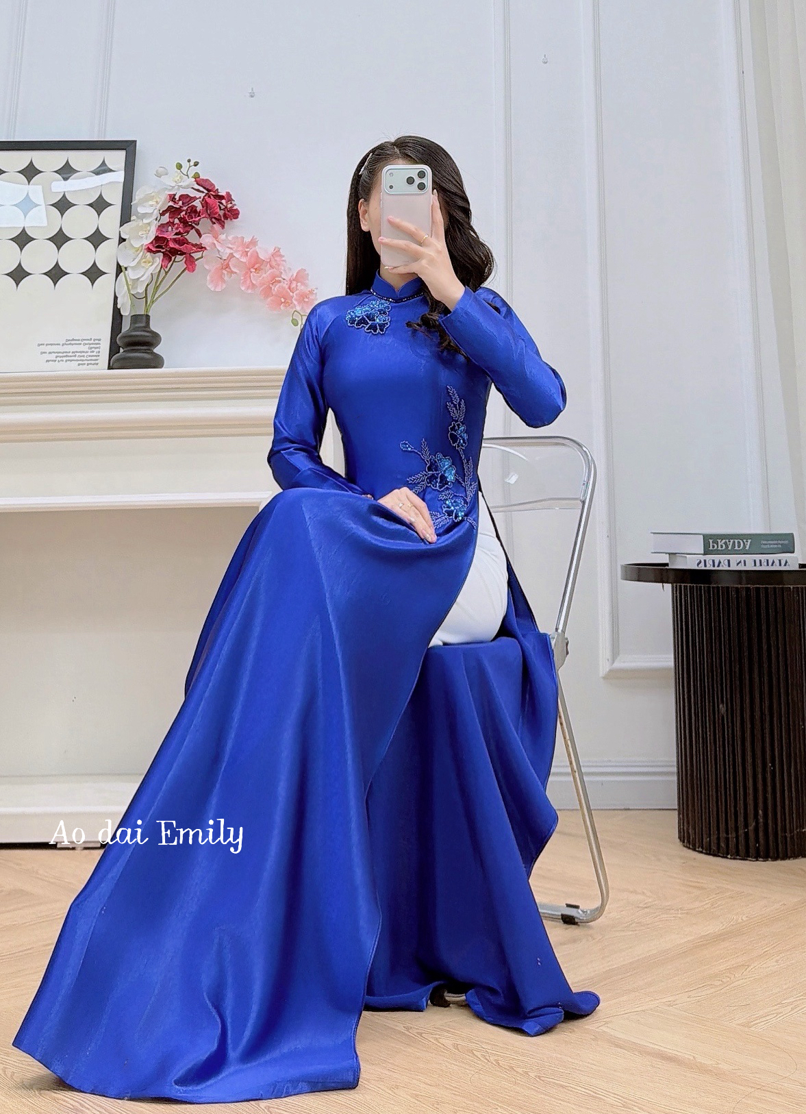 Traditional style Blue sapphire  ao dai with beading crystals | Linn