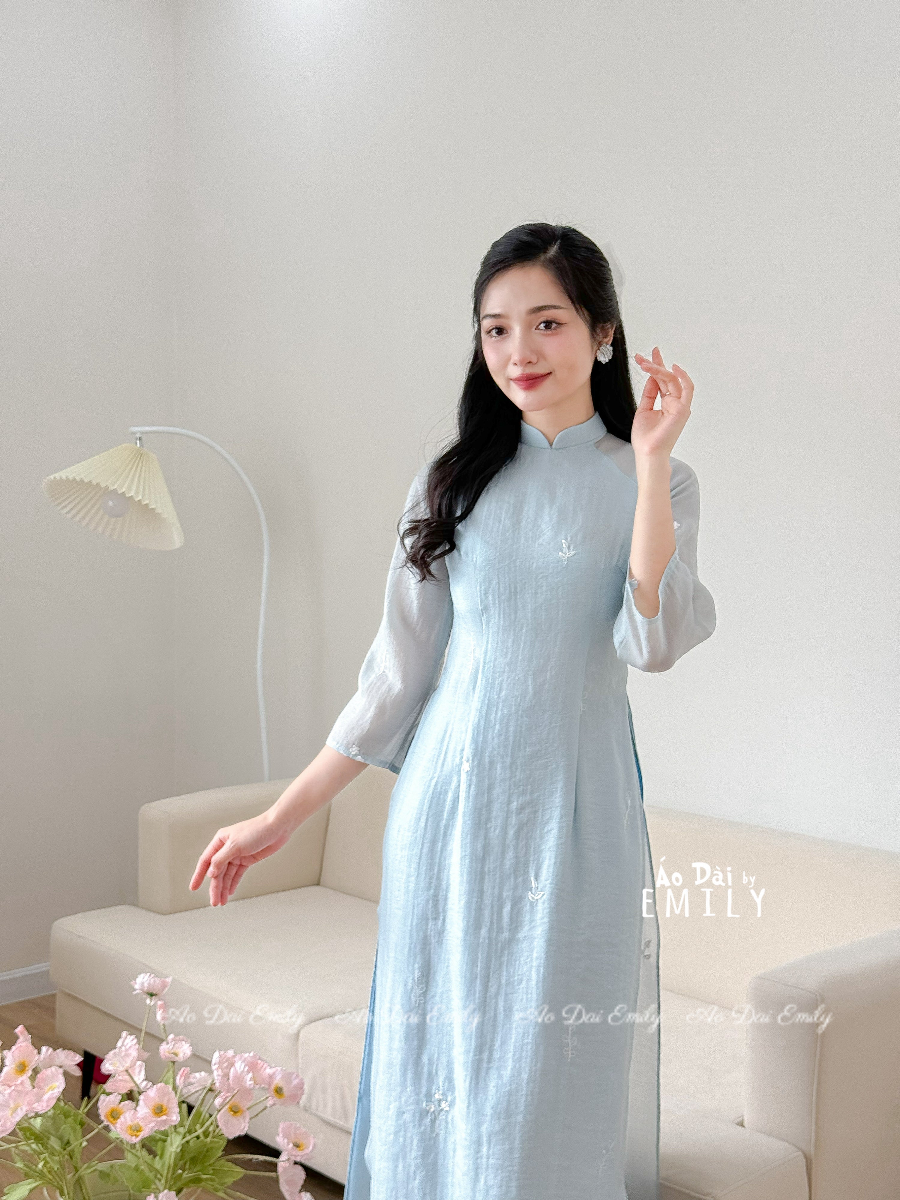 Baby Blue modern ao dai set with embroidery flowers
