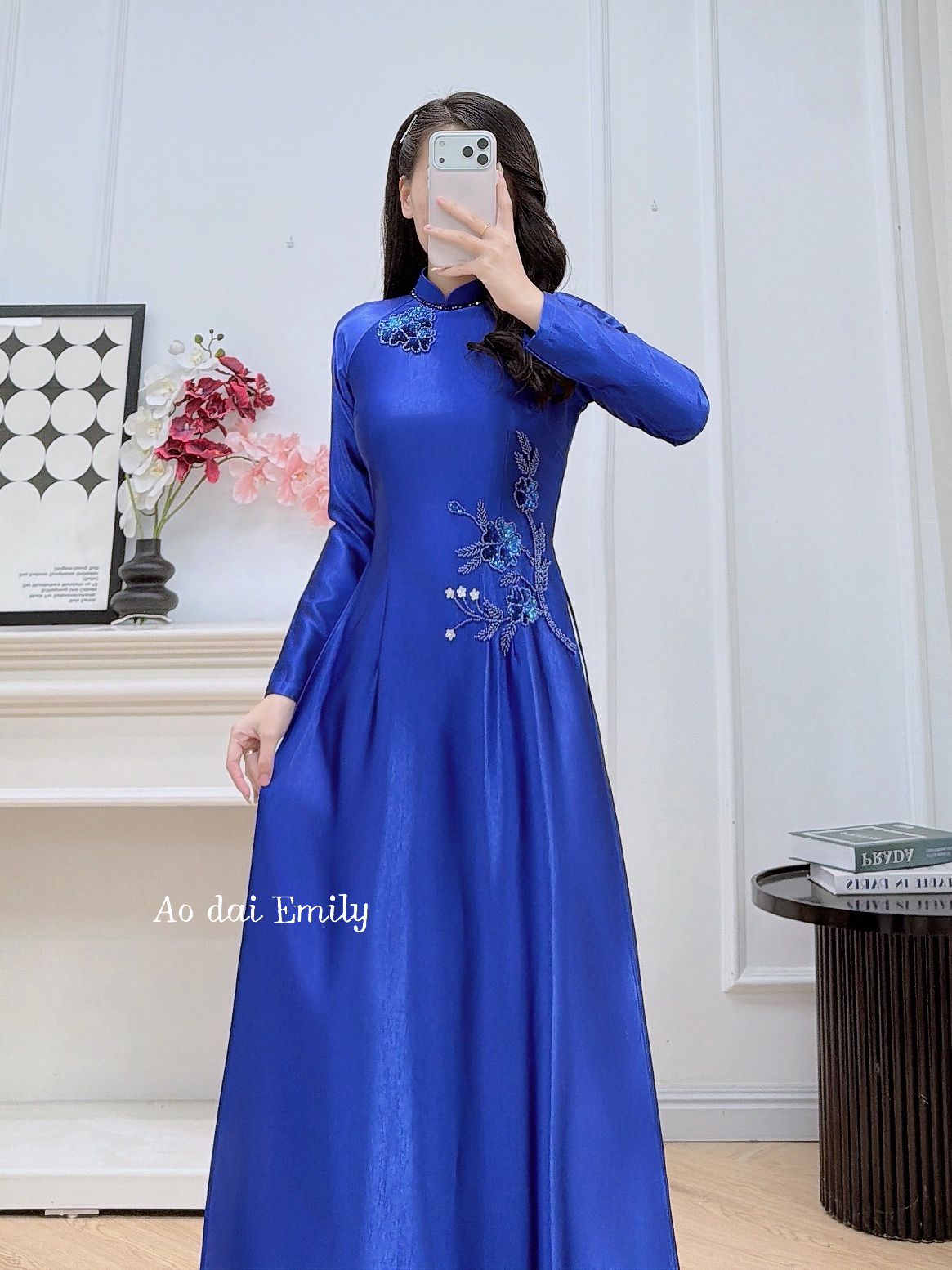 Traditional style Blue sapphire  ao dai with beading crystals | Linn