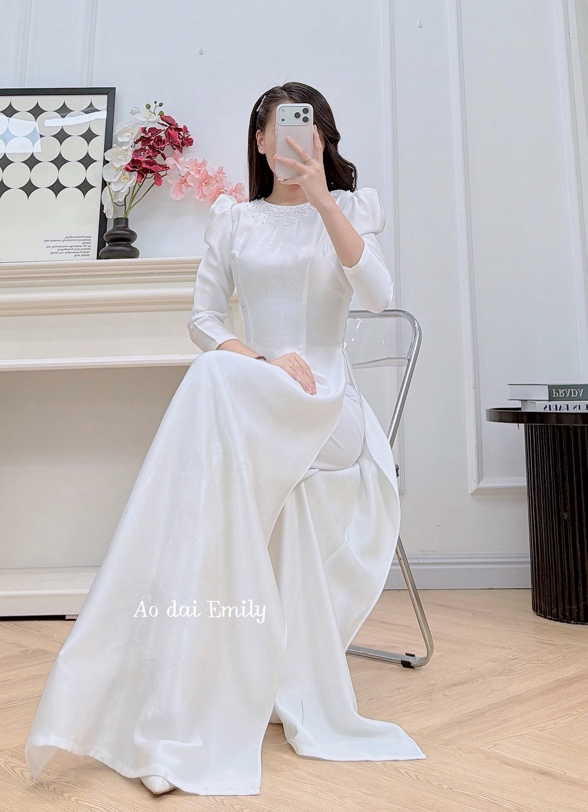 White ao dai with hand beading collar | Laleh