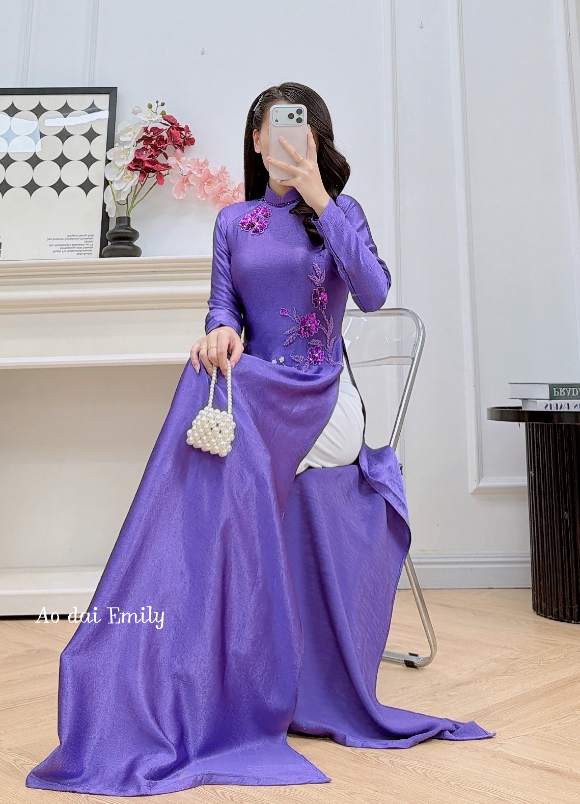 Purple Traditional style ao dai with beading crystals | Lila