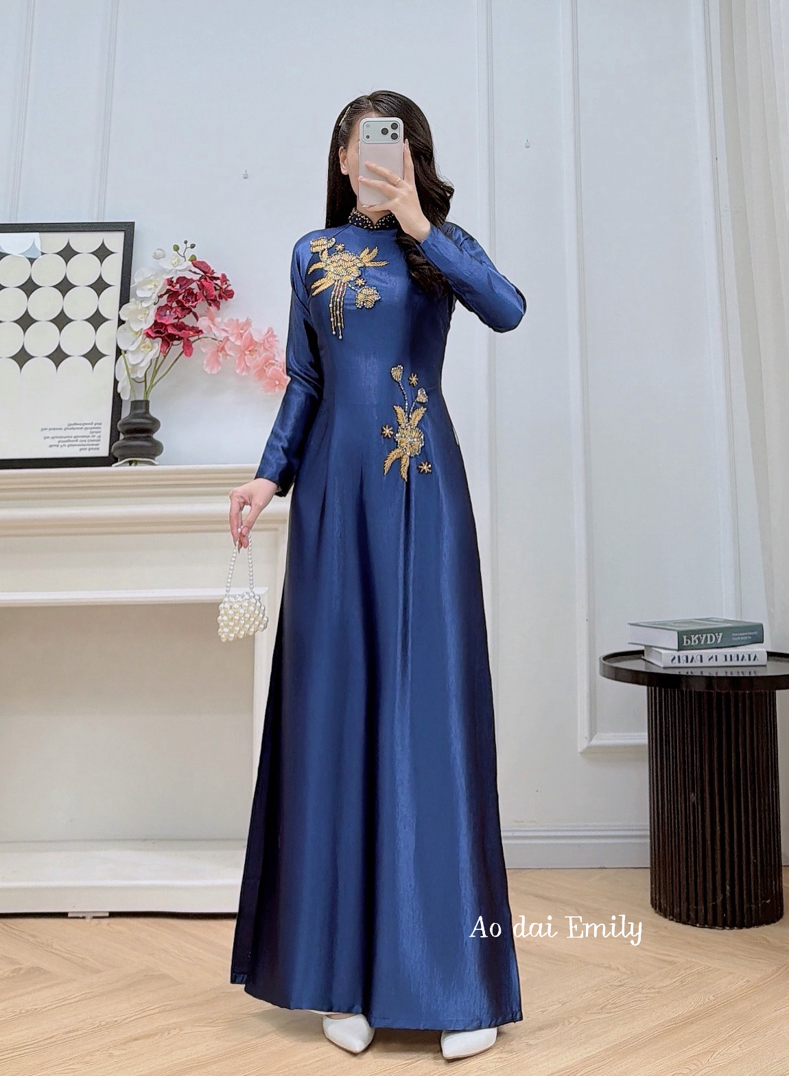 Dark Blue ao dai with beading design| Lokelani