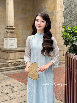 AMELIA Pastel Blue modern ao dai with flowers patterns