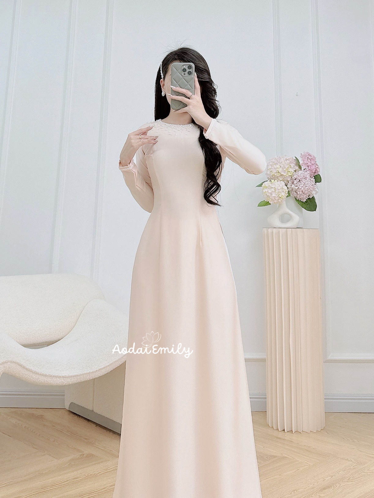 Beige/Nude ao dai with designed crystals