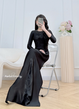 RACHEL Black ao dai with simple crystals rhinestones