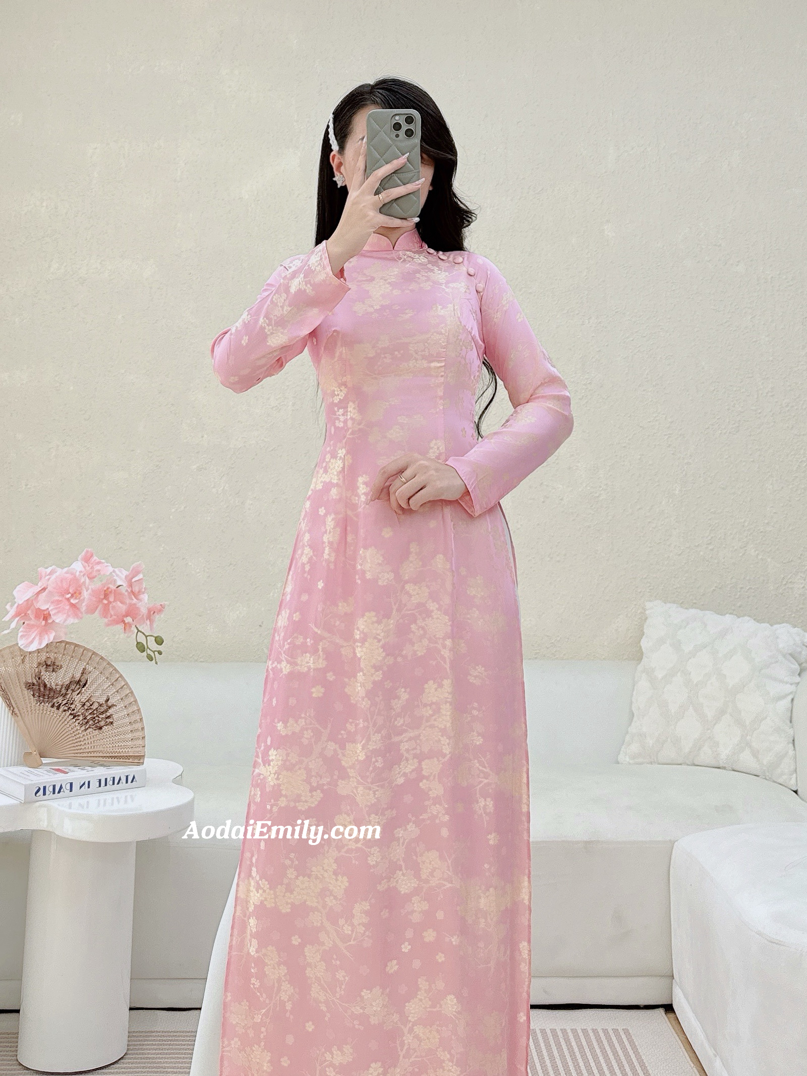 Ao dai Gam with Cherry Blossom Flowers with buttons