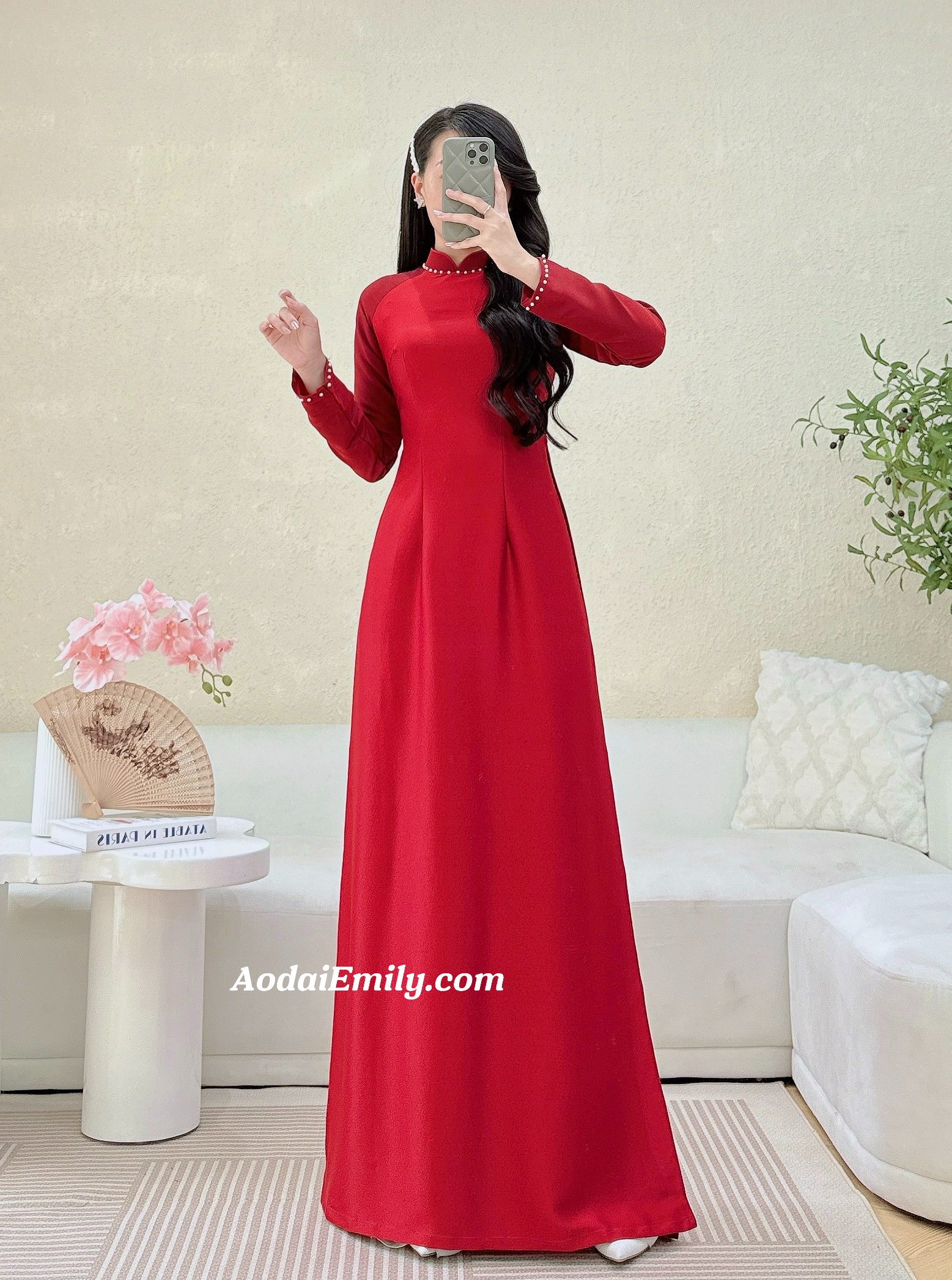 Red/Burgundy ao dai with simple pearls designs