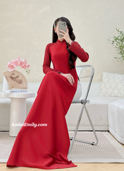 Red/Burgundy ao dai with simple pearls designs