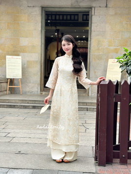 ESME Pastel Cream/beige modern ao dai with embroidery flowers