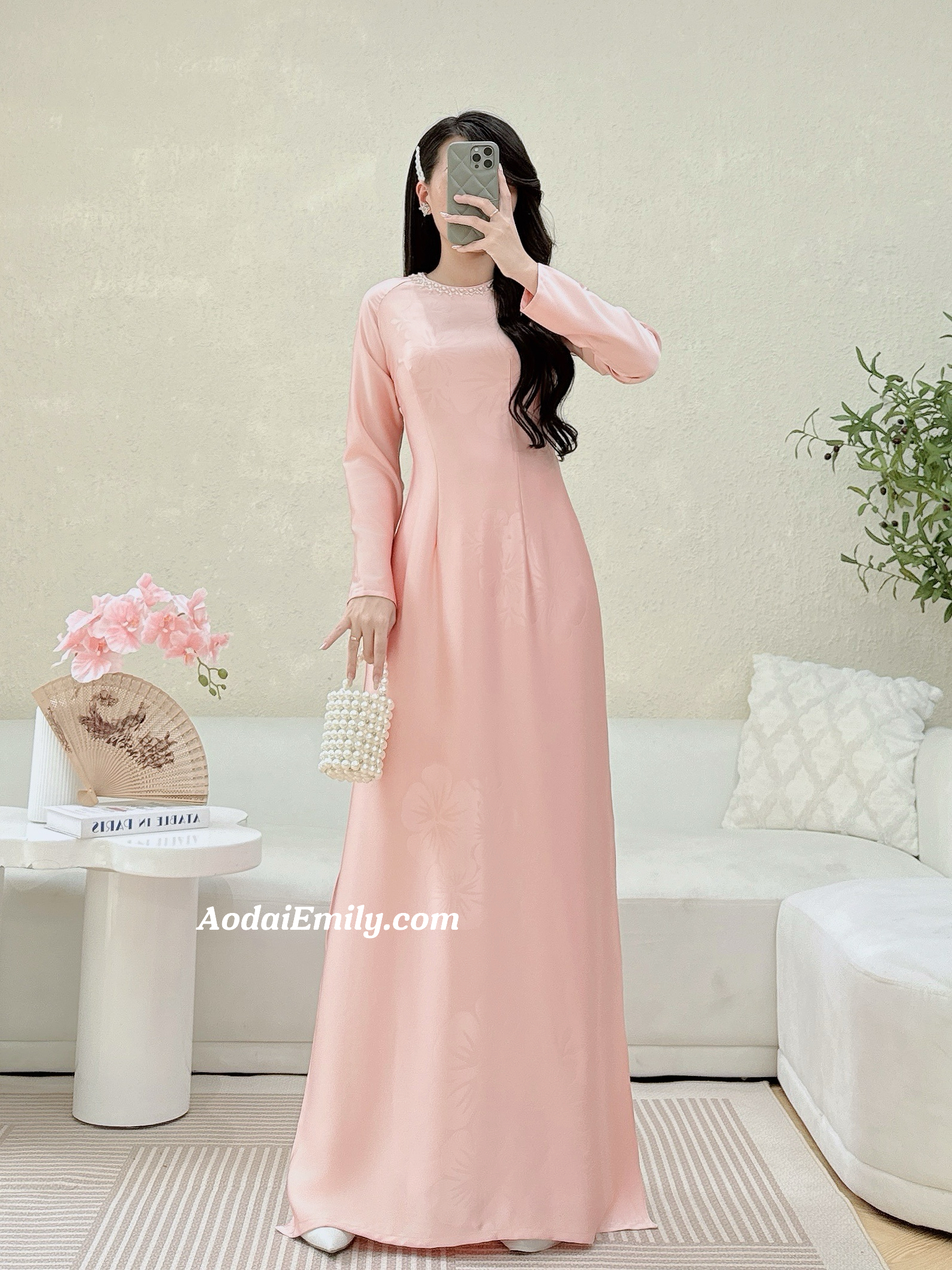 Blush pink ao dai with simple crystals|