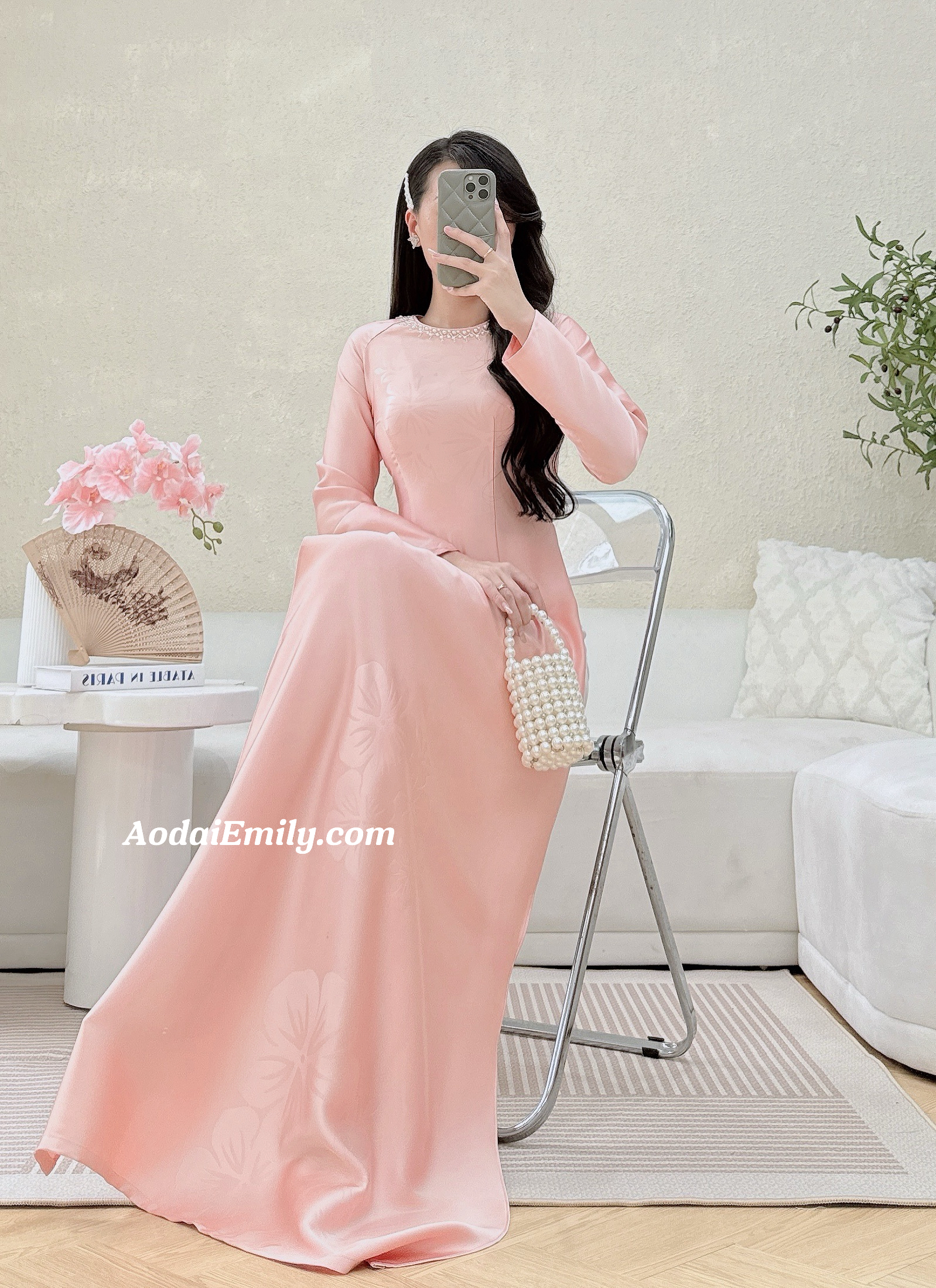Blush pink ao dai with simple crystals|