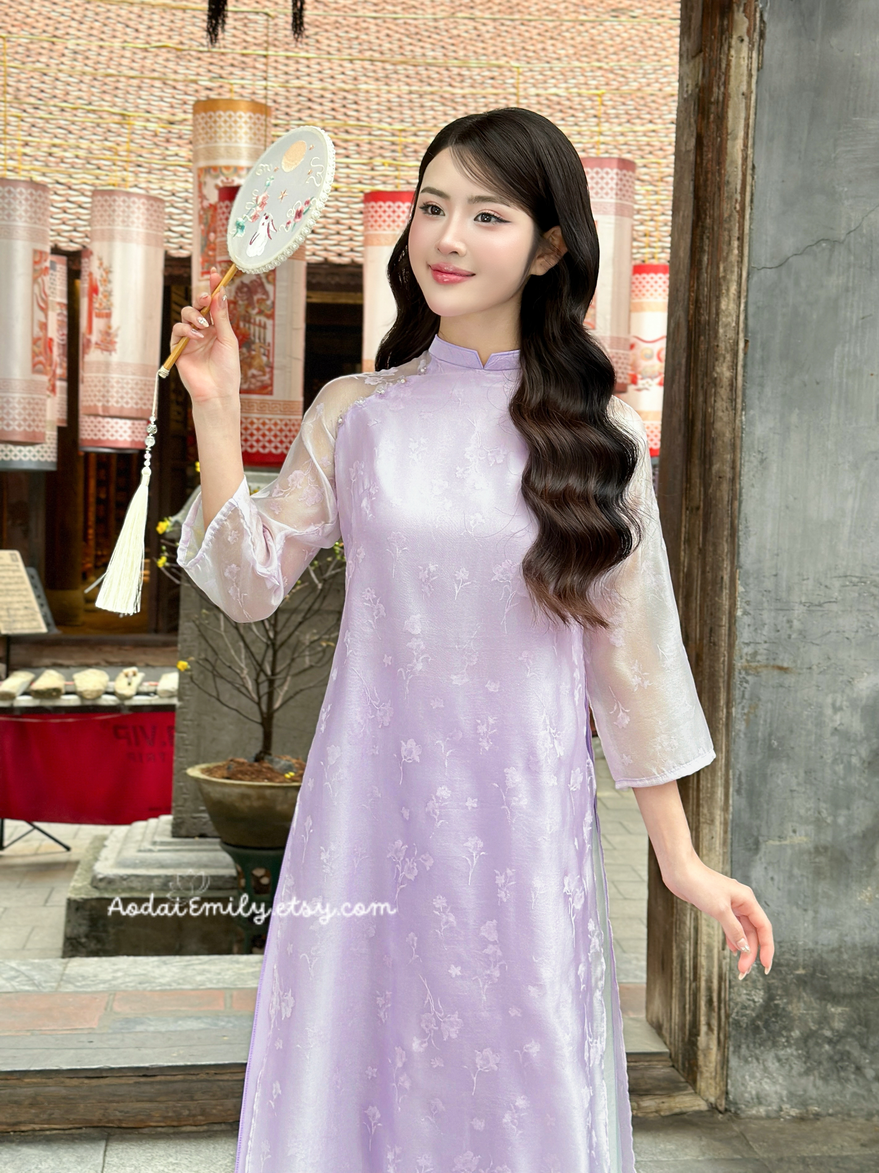 Pastel Purple modern ao dai with flowers patterns| Ella